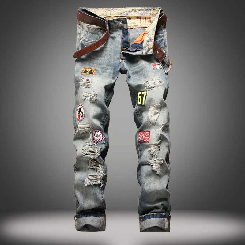 New Mens Hip Hop High Street Motorcycle Jeans Badge Distressed Ripped Denim Trousers Male Non-stretch Straight Slim Fit Jeans X250227