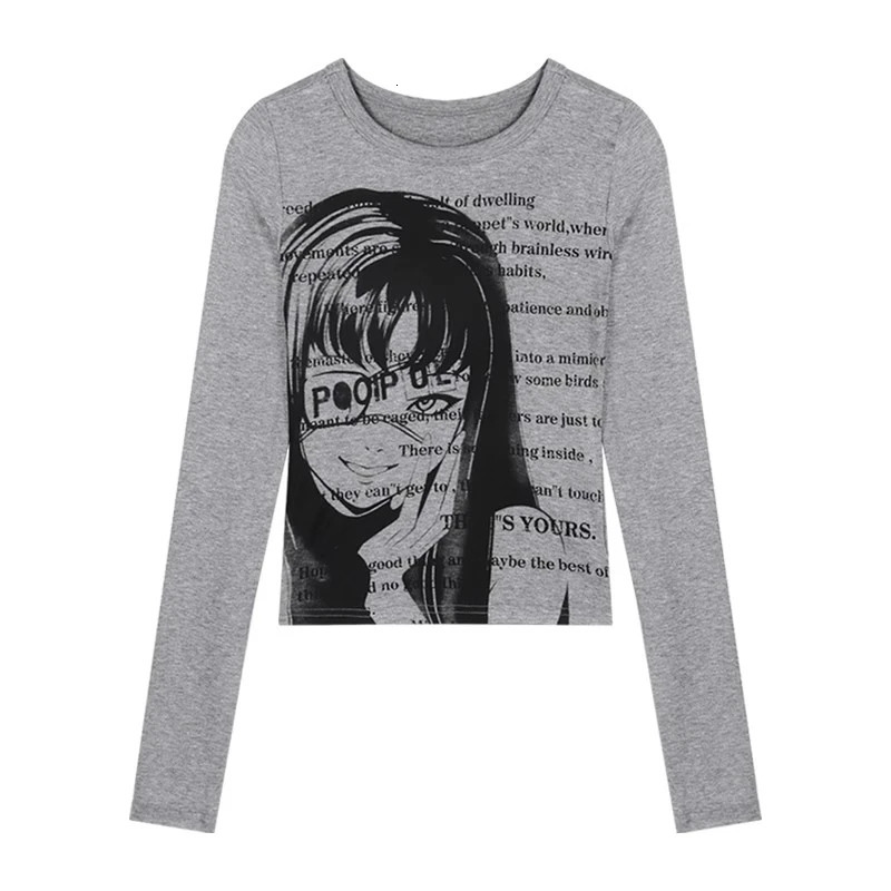 Vintage Women Y2K Clothes Tshirt Cotto Blouses Oneck Long Sleeve Tops Print Tunic Grunge Woman Clothing Fashion Casual Crop Top 250226