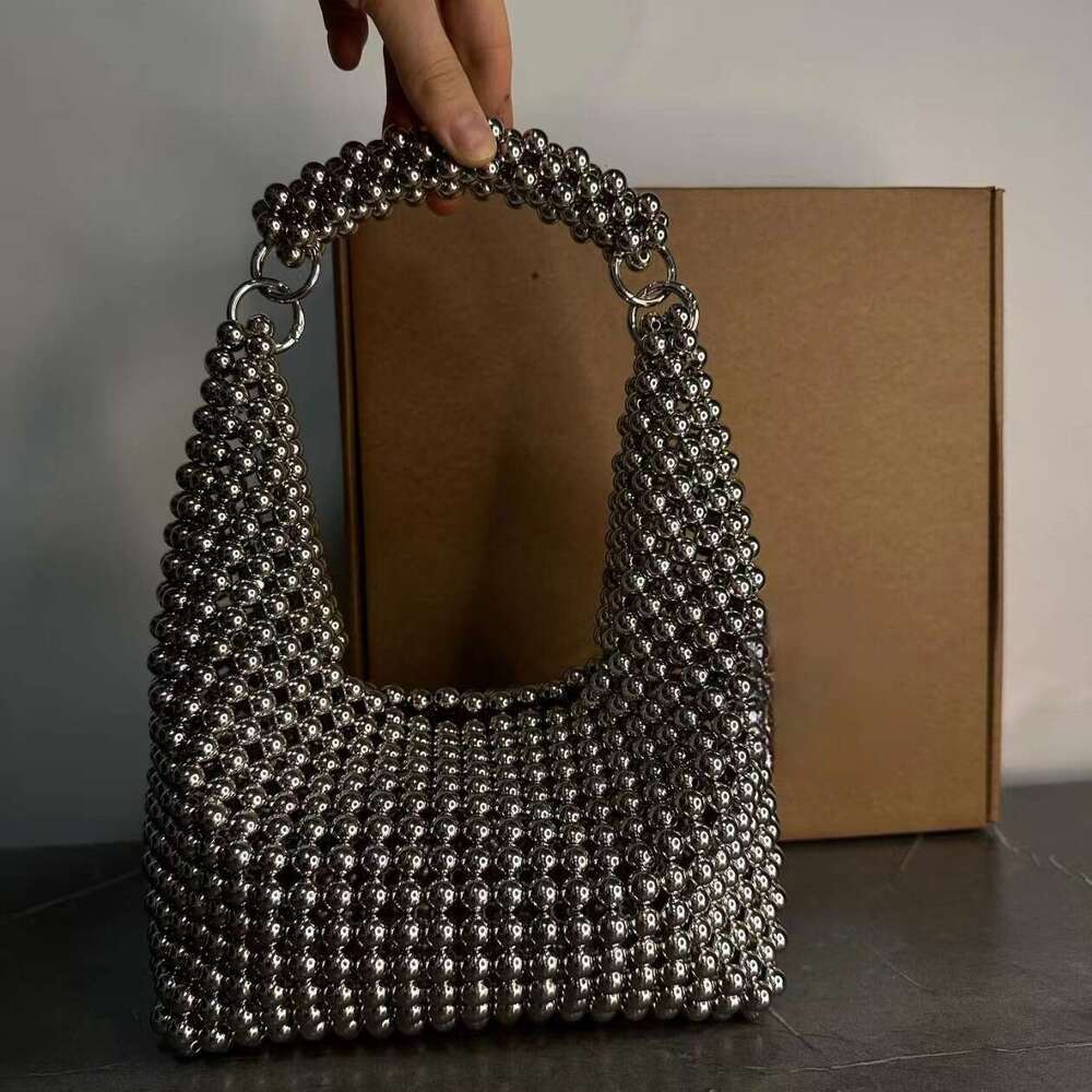 Women's Bags A niche design French heavy industry silver minimalist high-end handbag with beaded woven dinner bag