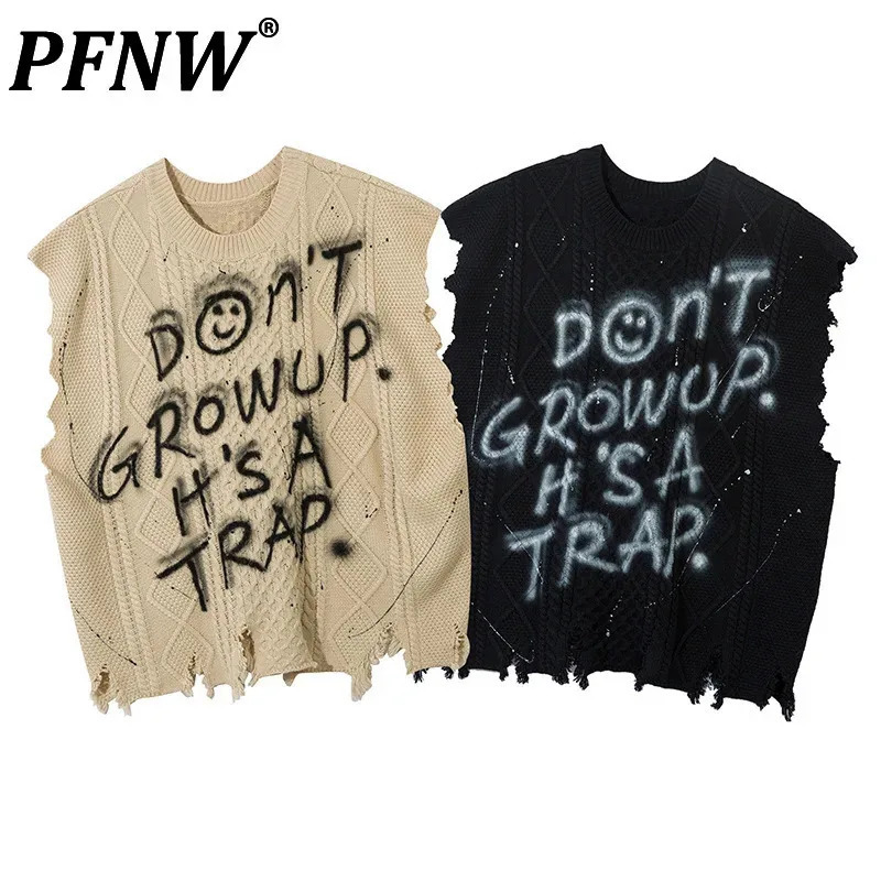 PFNW Menswear 2024 Autumn American Letter Printting Knitting Vest For Men High Street Trendy Pullover Tank Tops 12C1331 250225
