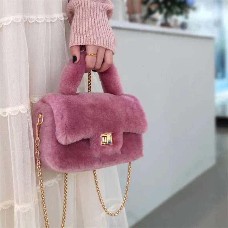 Fur Real Wool One Shoulder Bag Brand Designer Furry Mouth Red Envelope Women's Winter Handbag