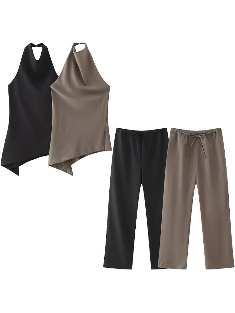 Willshela Women Fashion Two Piece Set Brown Pleated Halter Neck Tops Straight Pants Vintage Female Chic Lady Suit 250226