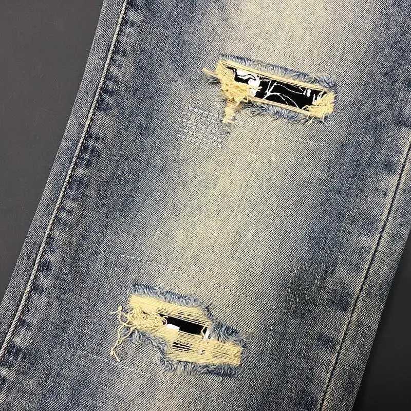 2024 Spring Autumn Casual Slim Denim Jeans for Men Full Length Pants with Patchwork Hole and Print Cowboy Designer Mens Jeans X250227