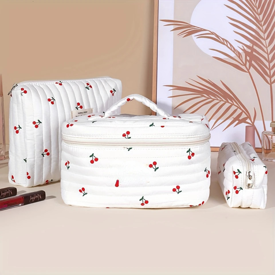 Ship from US Cherry Printed Cotton Makeup Bag Set Elegant Female Toilet Organizer Travel Gift 250227FBB