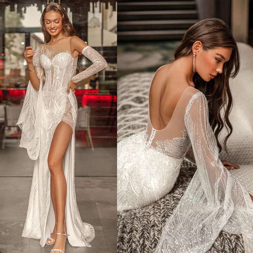 Mermaid Dresses O-Neck Design Lace One Sleeve Side Split Without Backrest Floor Length Custom Bridal Dress