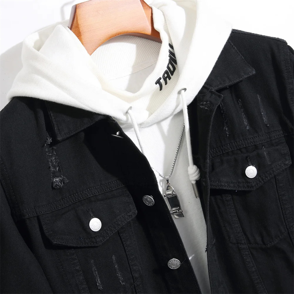 Men High street Fashion Distressed Slim Denim Jacket High quality Male Simple Black Holes Casual Jacket Coat 250225