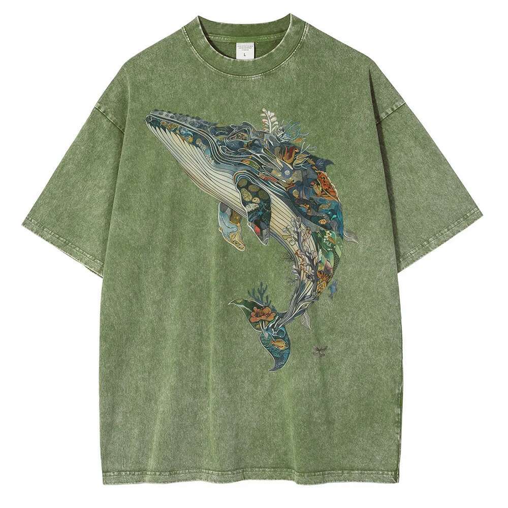 Men's Whale Printed Pattern T-shirt Casual High Street Printed Designer T-shirt Oversized T-shirt Outdated Washed Cotton Versatile Fashion Men�