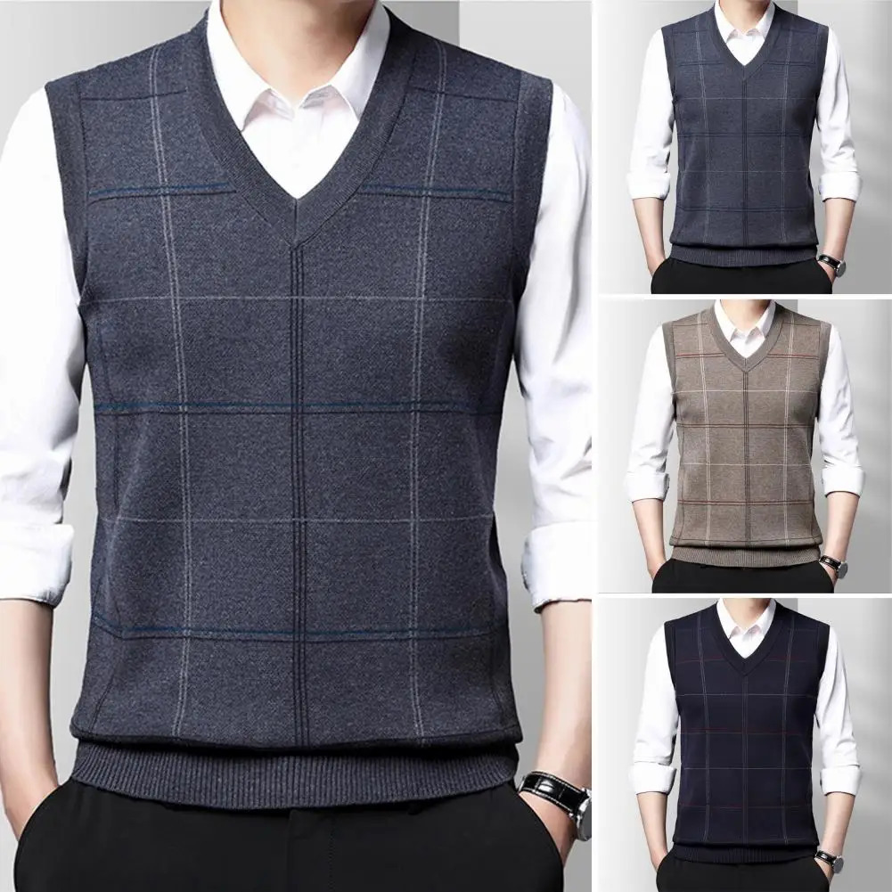 Mens Sleeveless Sweater Vest Cozy Knitted Stylish Midaged Vests Plaid Print Soft Warm for Fall Spring 250225