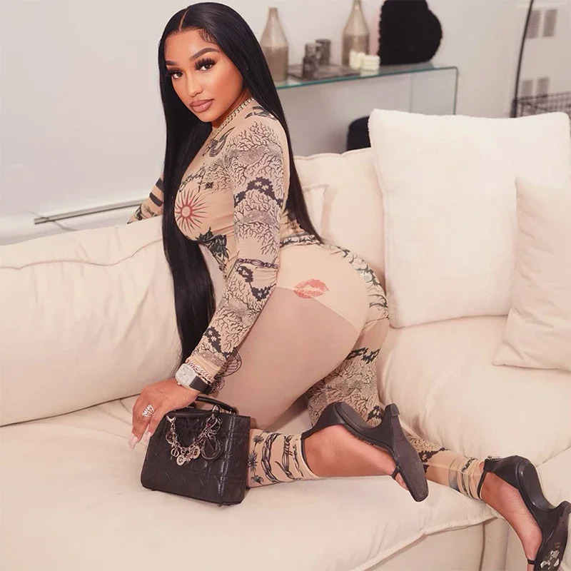 Sexy Women Mesh Printed Skinny Casual Set Round Neck Long Sleeve Tops Slim Pencil Pants 2Pcs Fashion Streetwear Outfit 250226