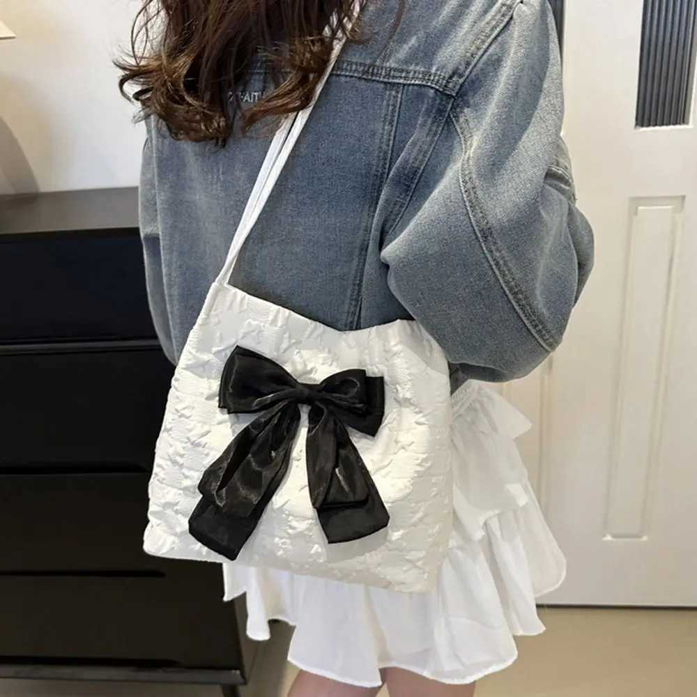 Bow Handbag Large Capacity Canvas Bag Korean Style Shoulder Bags Casual Tote Bags Cute Crossbody Bag Reusable Shopping BagXJ250227