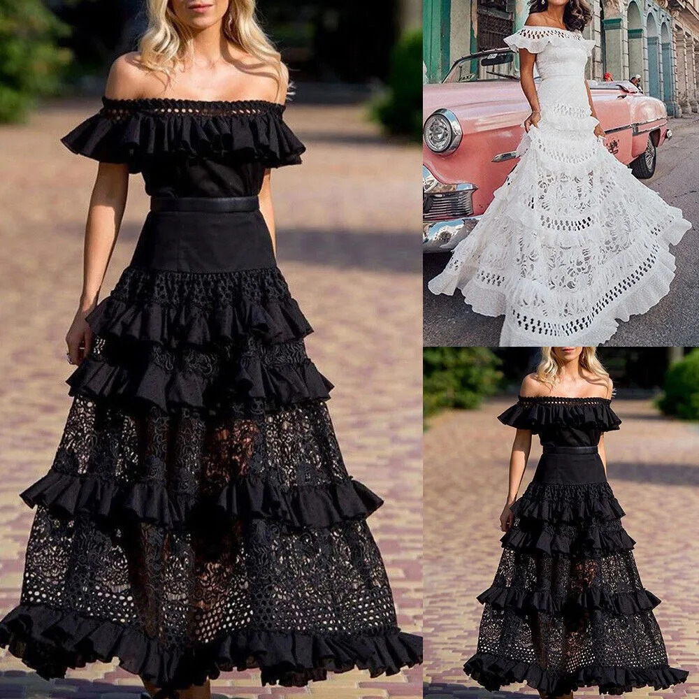 Elegant Off Shoulder Solid Ruffle Long Evening Dress Summer Fashion Sleeveless Swing Dress Classic Lace Hollow Party Sexy Dress 250222