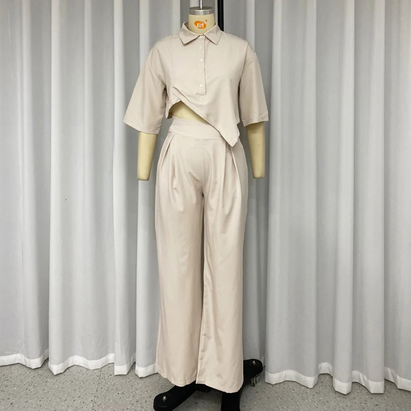 Wefads Women Two Piece Set Casual Lapel Solid Single Breast Half Sleeve Irregular Top Loose Pleated Pants Sets High Streetwear 250226
