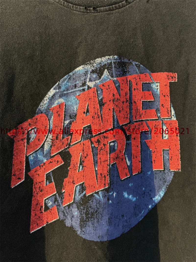 PLANET EARTH Vintage Washed TShirts Quality Tear Printing T Shirt Tee Tops 250226