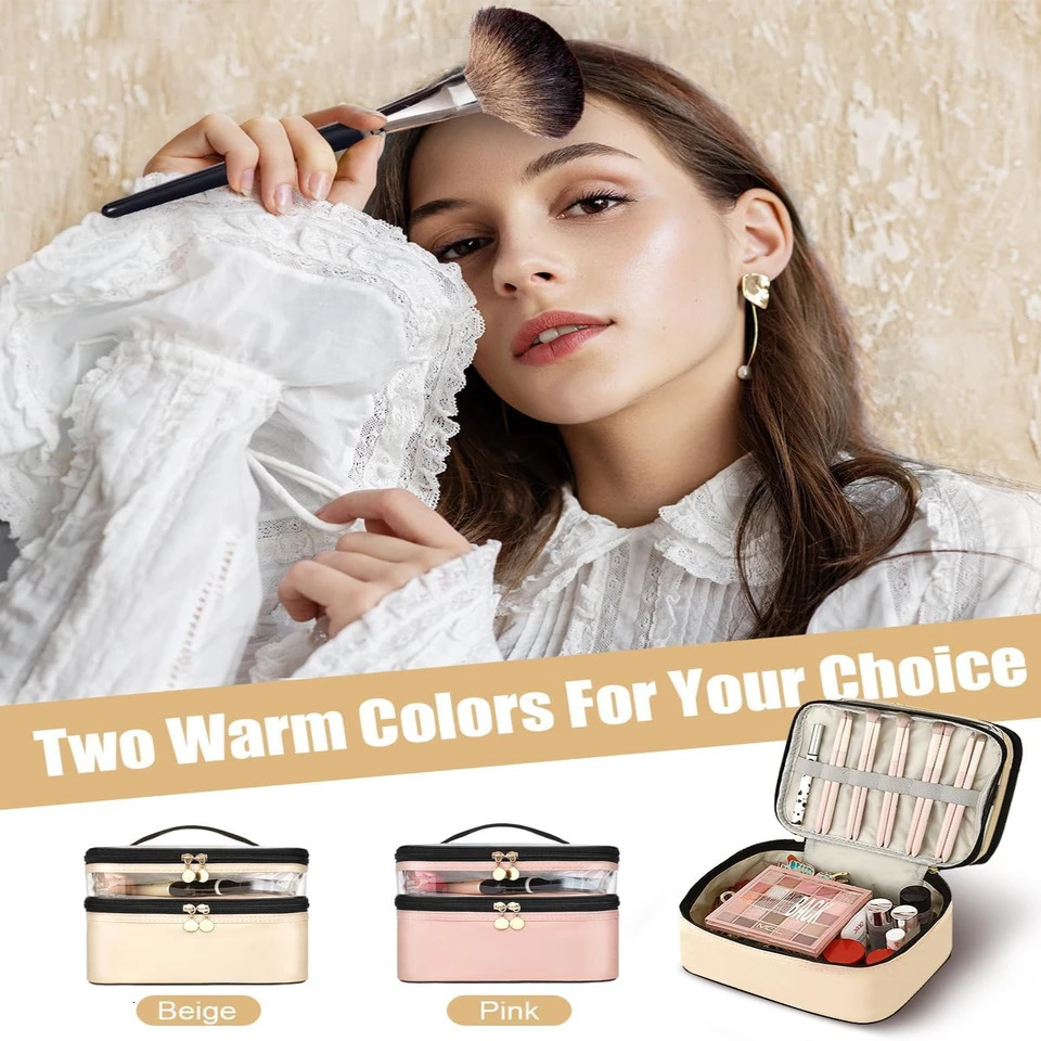 Ship from US Beige Leather Double Layer Large Chic Cosmetic Bags Stylish Womens Favorite Beauty Accessory Spacious and Organized Makeup 250227FBB