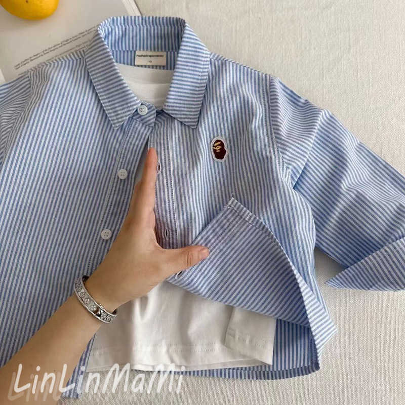 T-shirts Blue Childrens Shirt 2025 Autumn New Product Shirt Mens and Womens Clothing Long Sleeve Boys Shirt Korean Edition Boys ShirtY250227ORYP