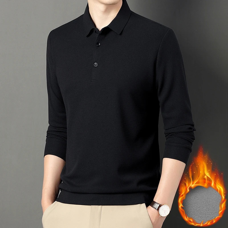 Fashion Winter Fleece Warm Men Business Wargoff Polo Shirts Long Sleeve Button Lapel Male Clothing Thick Casual T-Shirt Tops 250226