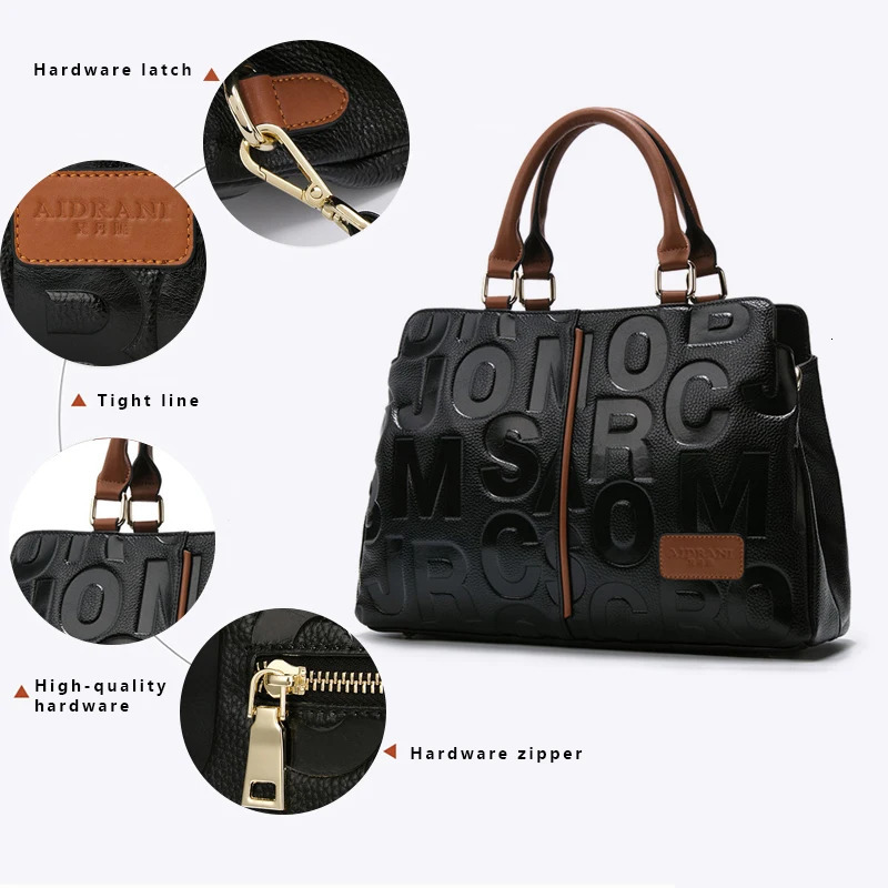 Ship from US Aidrani Fashionable womens genuine leather bag large capacity handbag letter printed n cowhide shoulder 250227FBB