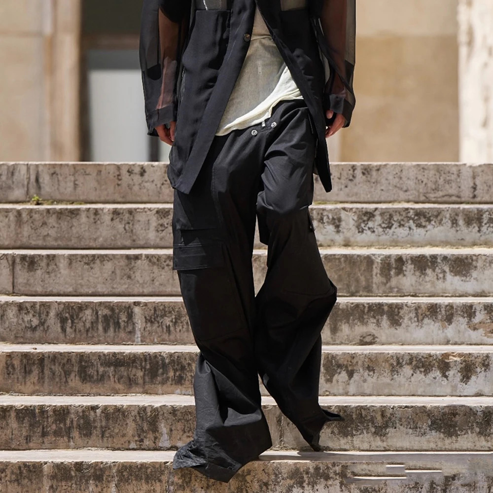 Ro Style Wide Leg Drawstring Black Cargo Pants Unisex Straight Baggy Casual Overalls Mens Streetwear Loose Oversized Trousers 250225