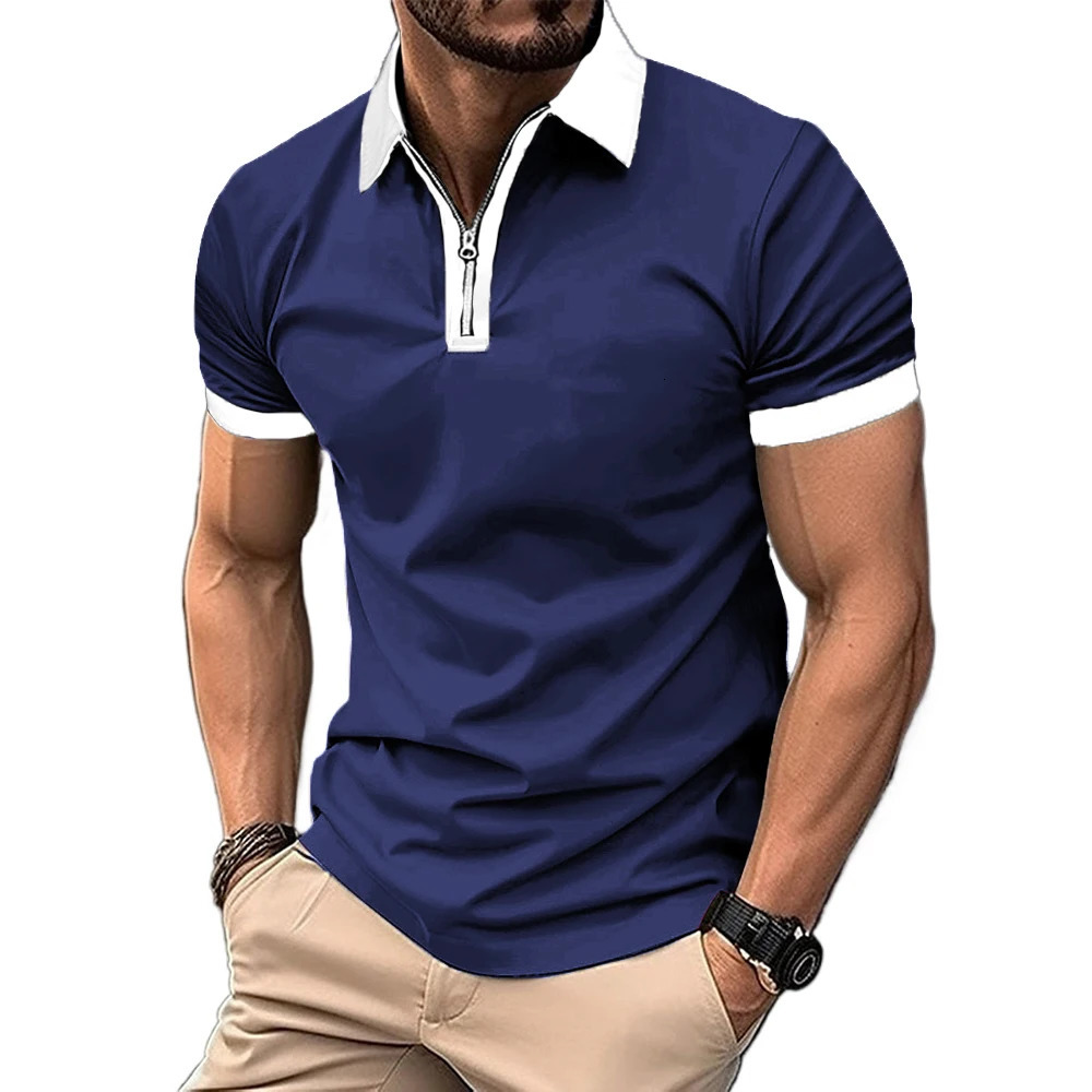 Summer mens spliced colorful polo shirt short sleeved zipper lapel breathable streetwear jogging top 250226