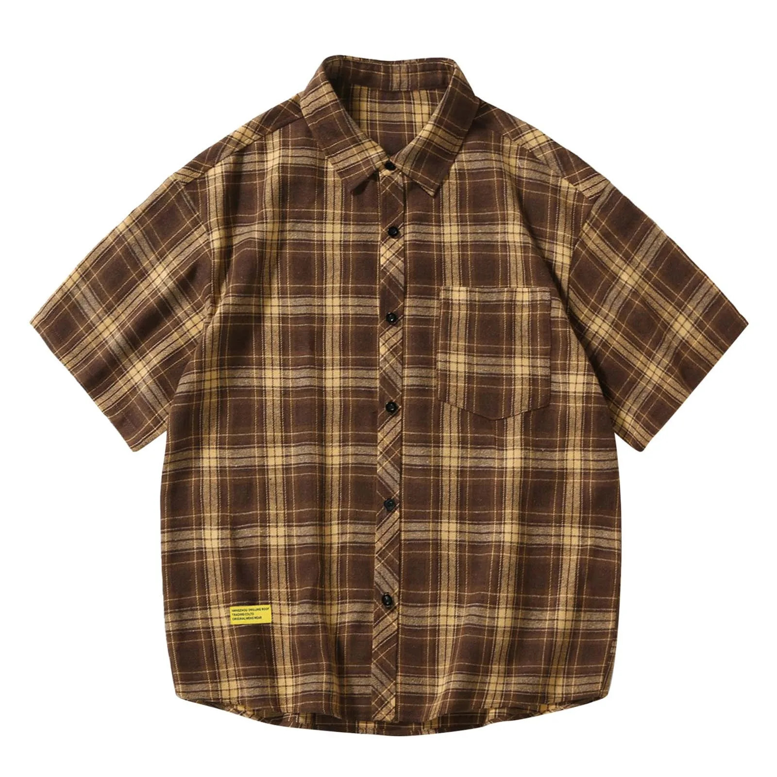 Mens Short Sleeved Japanese Vintage Plaid Printed Shirt Summer Vacation Beach Check Button Down Half 250226