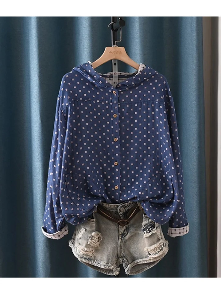 Lamtrip Unique Vintage Polka Dots Pattern Double Layers Cotton Yarn Long Sleeve Hooded Cardigan Shirt Blouse Autumn 250226
