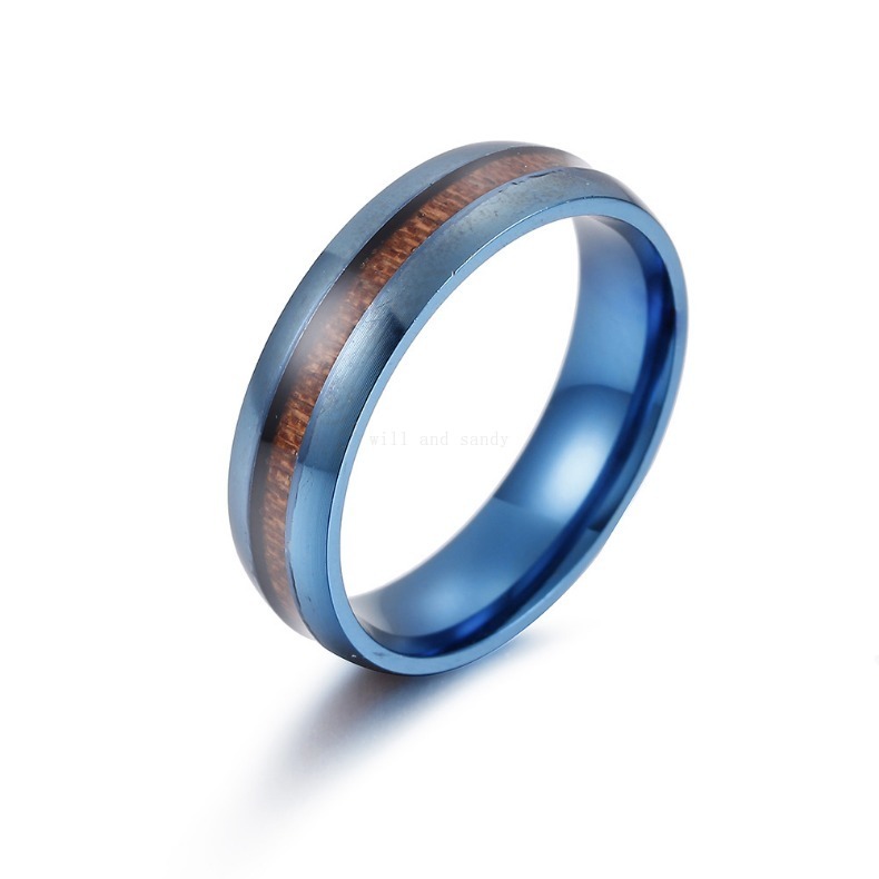 6MM Inlay Stainless Steel Wood Rings Band Tail Mens Engagement Wedding Ring for Men Gold Silver Black Hip Hop Jewelry