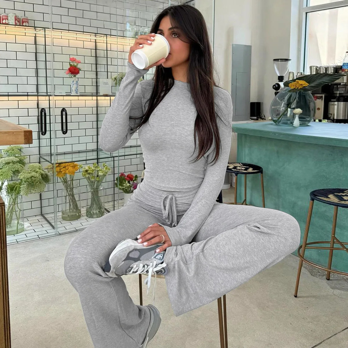 Elegant Solid Two Piece Sets Women Long Sleeve Slim ONeck Crop Tops Drawstring Flare Pants Suit Lace Up Outfits Streetwear 250226
