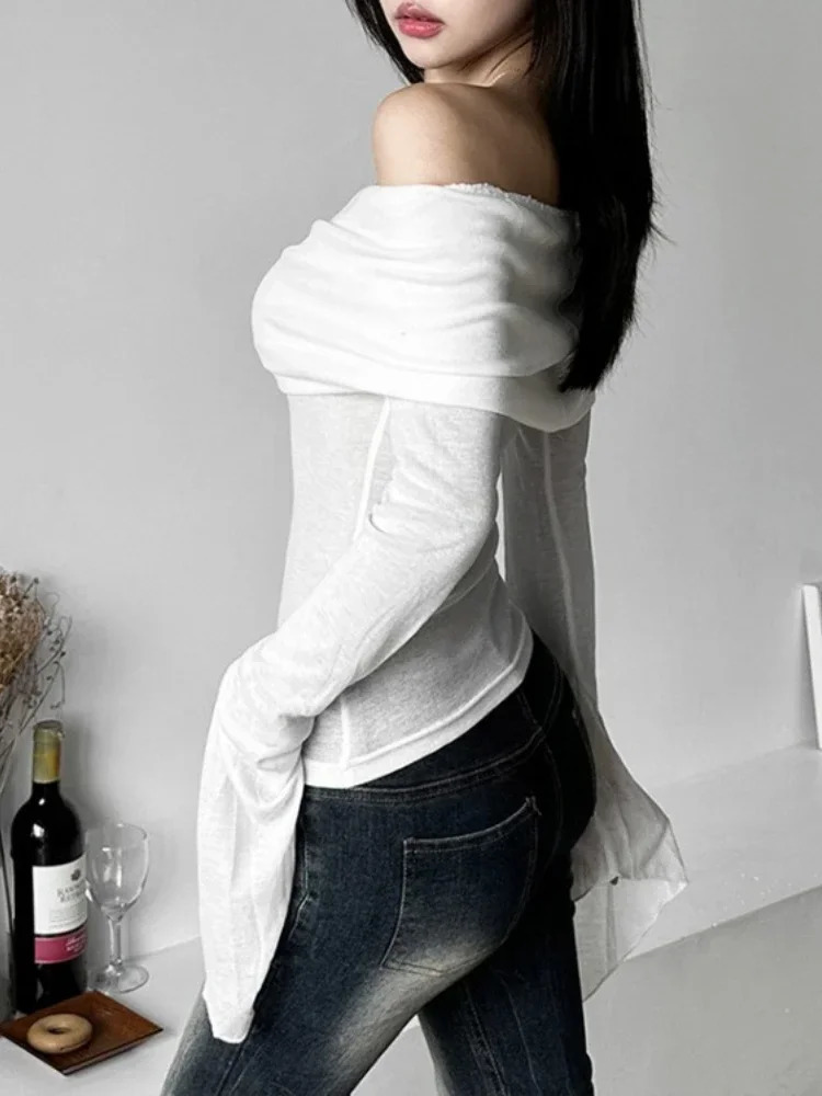 Y2k Aesthetic Women Translucence Tee Shirts Slash Neck Long Sleeve Solid Casual TShirts Vintage Off Shoulder Sexy Cute Tshirts 250226