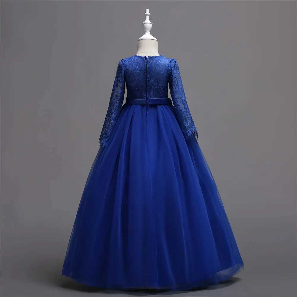 Girl's Dresses Blue European and American best-selling childrens bridesmaid dress lace long sleeved large skirt flower girl princess dress Y25022