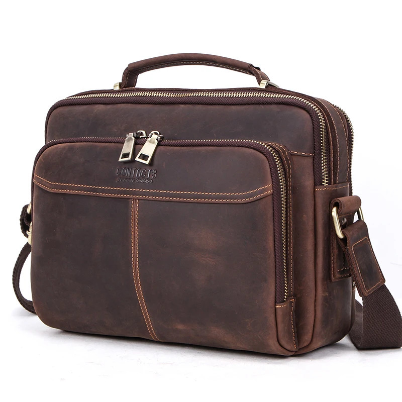 Ship from US CONTACTS Crazy Horse Leather Men Messenger Bag Vintage Man Crossbody Handbags Large Capacity Male Shoulder Bags 250227FBB