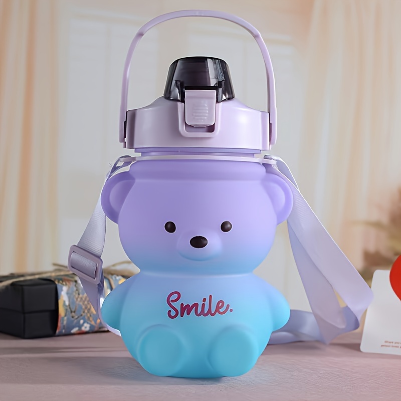 1000ml Flip Straw Adorable Bear Water Bottle for Kids Cute Teddy Bear Water Bottle with Strap