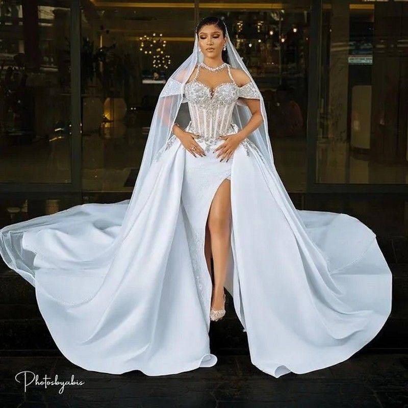 2025 Arabic Aso Ebi Mermaid Wedding Dress Detachable Train Off the Shoulder Lace Beaded Sequined Crystal Bridal Bride Gowns Vestidos De Novia