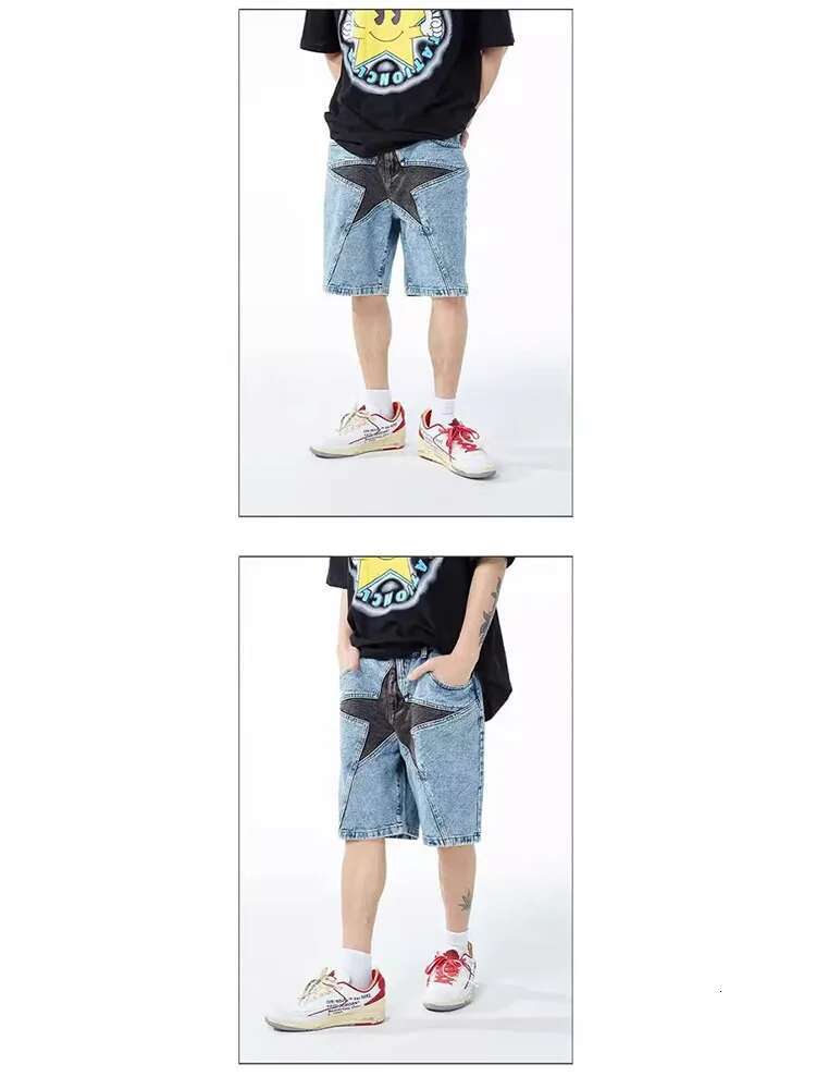 2024 New European And American Men's Street Fashion Loose Shorts Five-Pointed Star Pattern Mid Waist Baggy Jeans Straight Pants