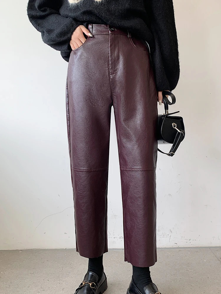 QOERLIN Fall Winter PU Leather Pants Women Elegant High Waist Pockets Faux Harem Pant Female Back Elastic Trousers 250227