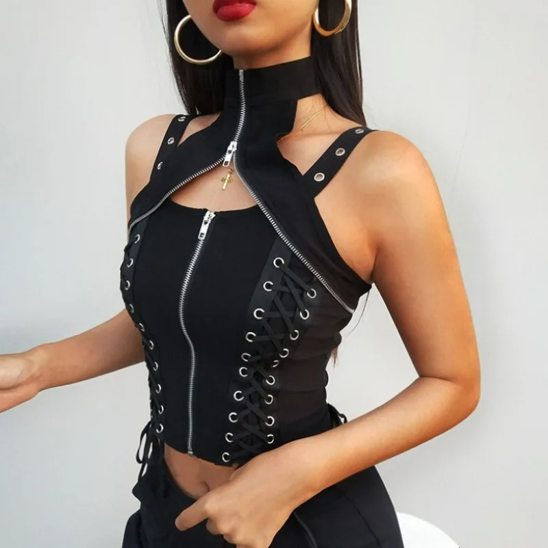 Y2k Dark Punk Gothic Corset Vest Women High Waist Bandage Crop Tank Tops Streetwear Emo Alt Harajuku Halter Rave Outfits 250226
