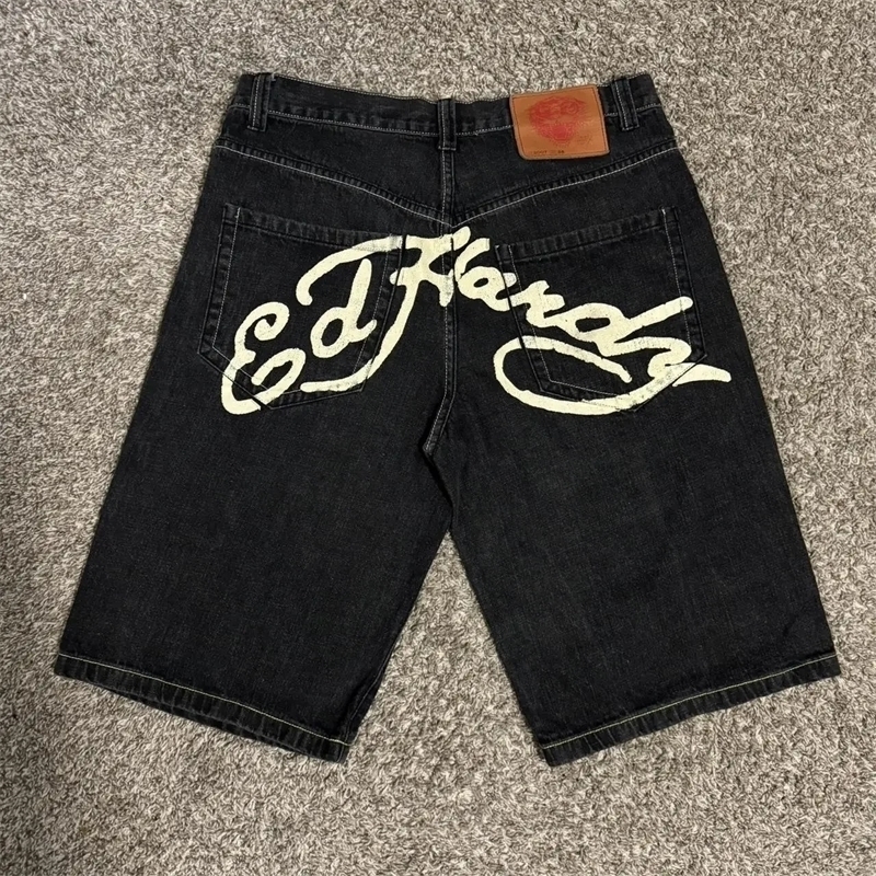 Y2K American Shorts Hip Hop Letter Pattern Printed Loose Black Denim Fitness Shorts Men Women Retro Street Harajuku Shorts 250226