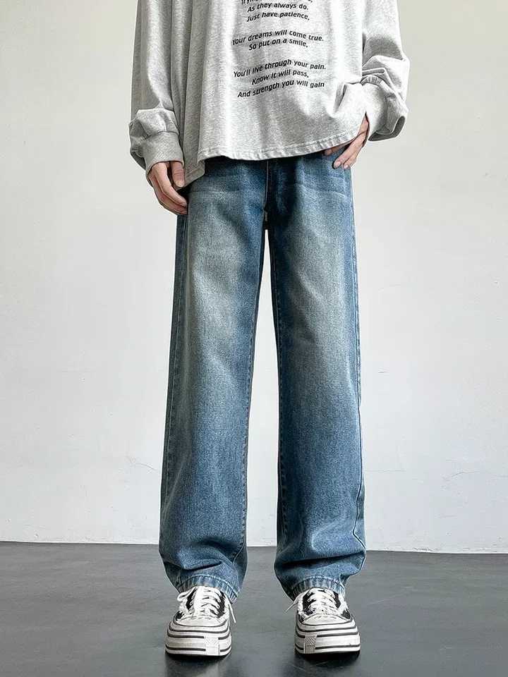 New 2025 Korean Style Mens Casual Long Jeans Classic Straight Denim Wide-Leg Pants Solid Colors Light Blue Grey Black up to 3XL X250227