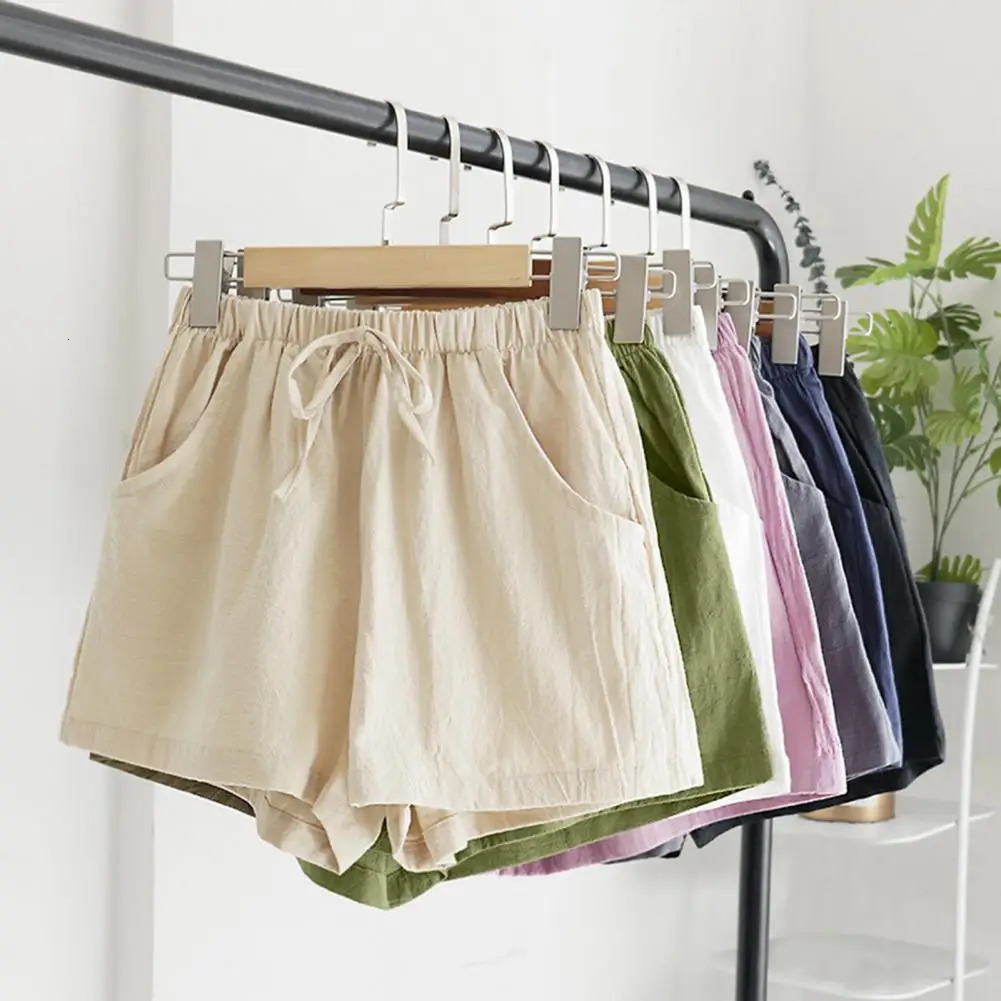 Short Pants with Drawstring High Waist Solid Color Double Pockets Thin Linen Wide Leg Women Casual Shorts Outdoor Streetwear 250227