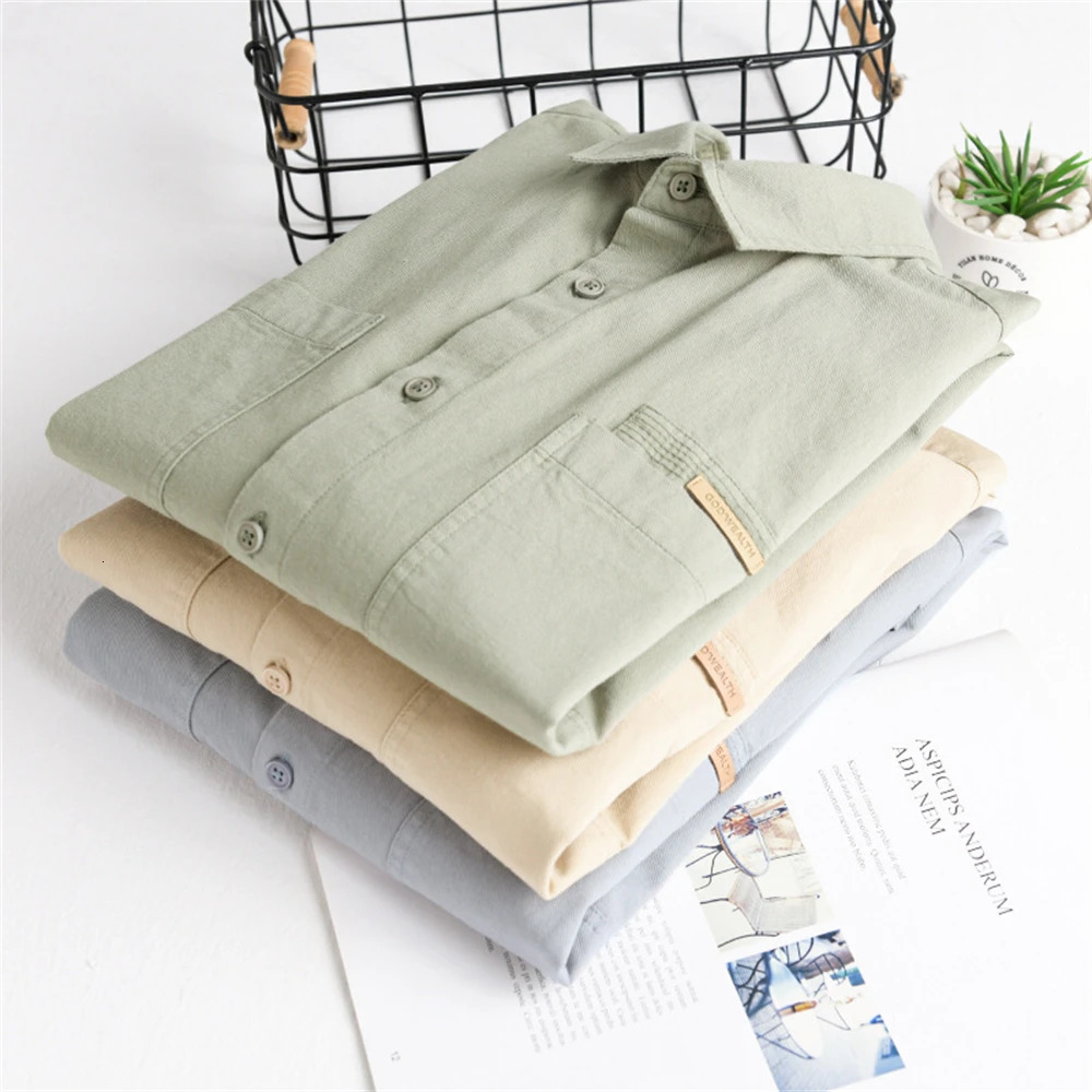 Spring Autumn Simple man shirts long sleeve Solid Loose Casual shirt for young men vintage workwear shirts mens clothing tops 250224