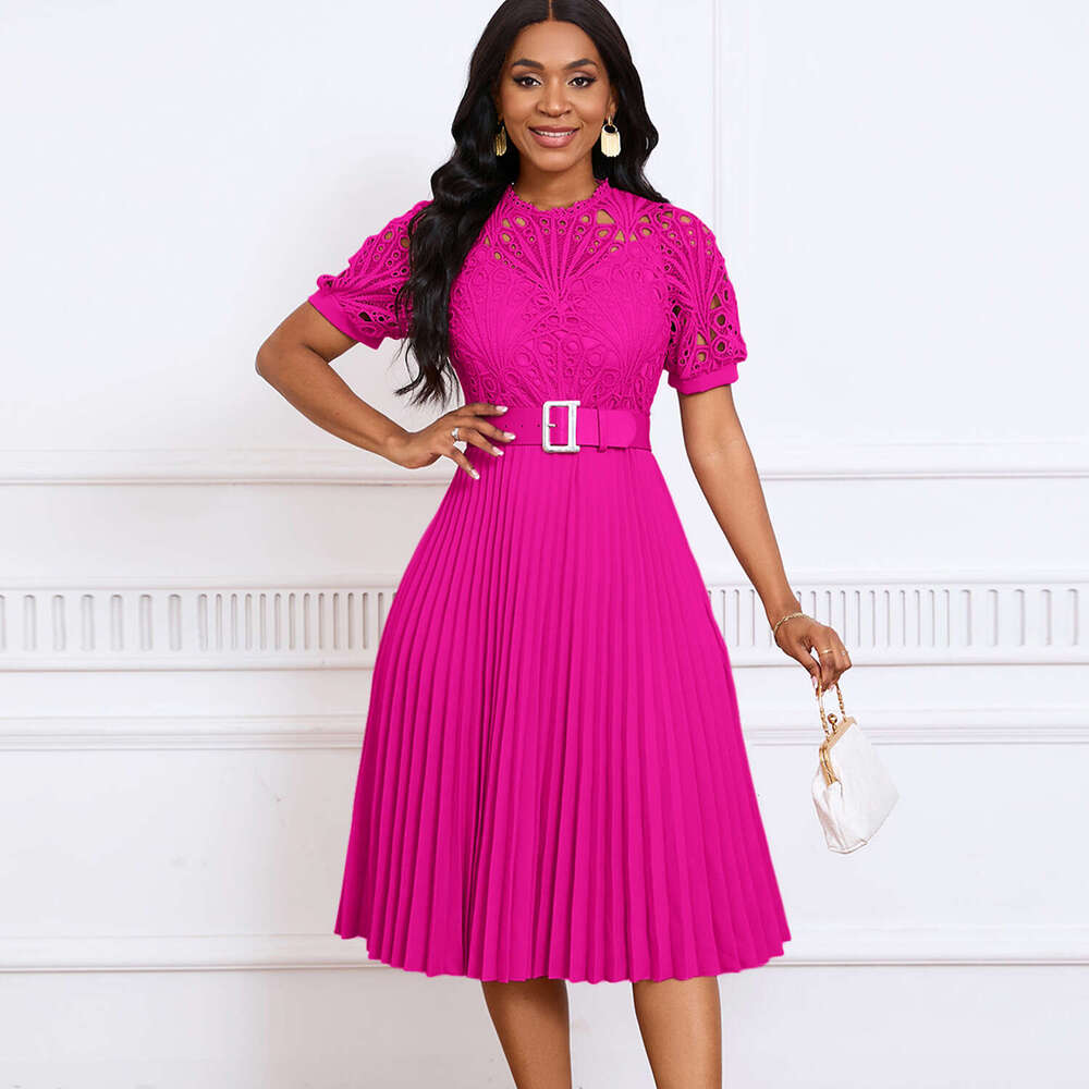 D499 European and American women's short sleeved lace patchwork pleated formal dress 2025 new style temperament chic elegant clothing