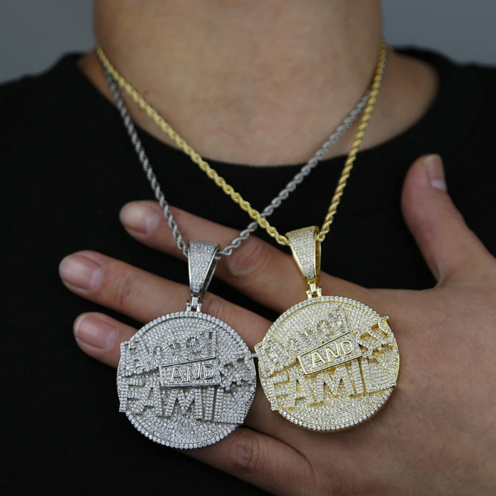Iced Out Bling Letter Money And Family Pendant Necklace Gold Color Cubic Zirconia Round Dimensional Charm Men Hip Hop Jewelry 250227