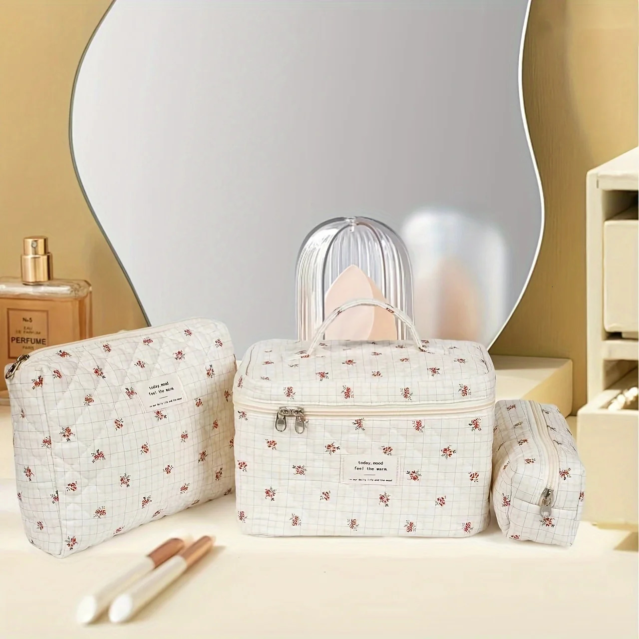 Ship from US 3piece cotton makeup bag set floral n womens and girls multifunctional bags bathroom organizer large C 250227FBB