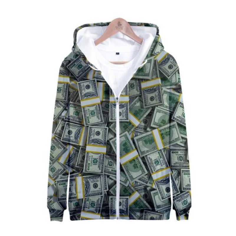 Fashion Dollar Pattern Zipper Hoodie Trend Autumn Long Sleeve 3D Banknotes Printed Sweatshirt Loose Casual Strtwear Pullovers X250227