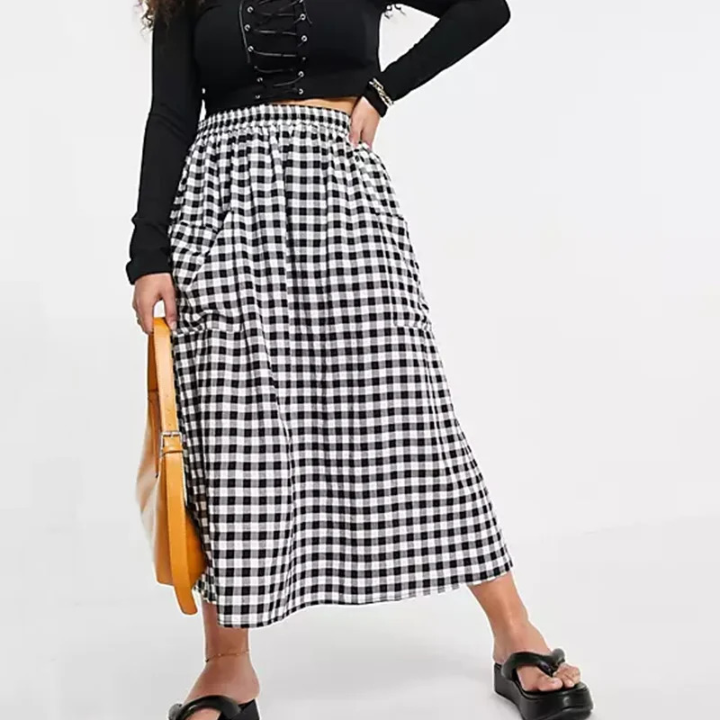 Plus Size Elastic Waist Black And White Checked Summer Elegant Midi Skirt Pocket Front Gingham A-line Skirt Large Size 6XL 7XL 250226