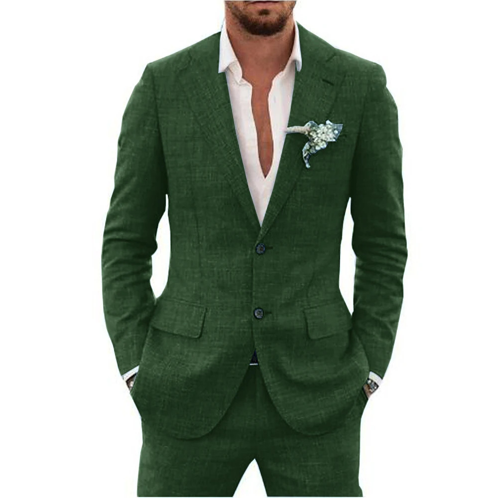 Slub Cotton Linen Suiting Fabric Full Mens Suit Lapel Collar Single-breasted 2 Piece Set Elegant Man Suits High Quality Blazer 250224