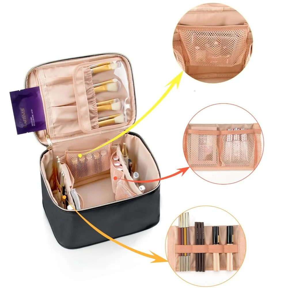 Ship from US Large Ladies Cosmetic Bag Travel Organizer with Brush Holder and Divider Waterproof Leather 250227FBB