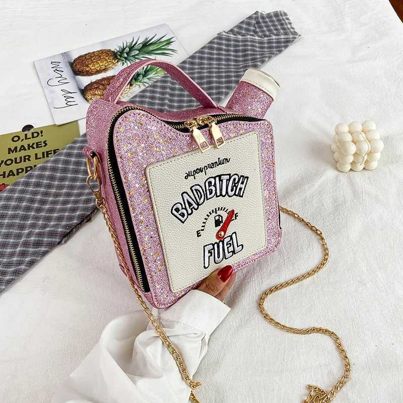 New Arrival Fashion Personality Laser Sequin Embroidery Letter Oil Pot Bag Creativity Funny Chain Shoulder Bag Women Cute Messenger Bag T250227