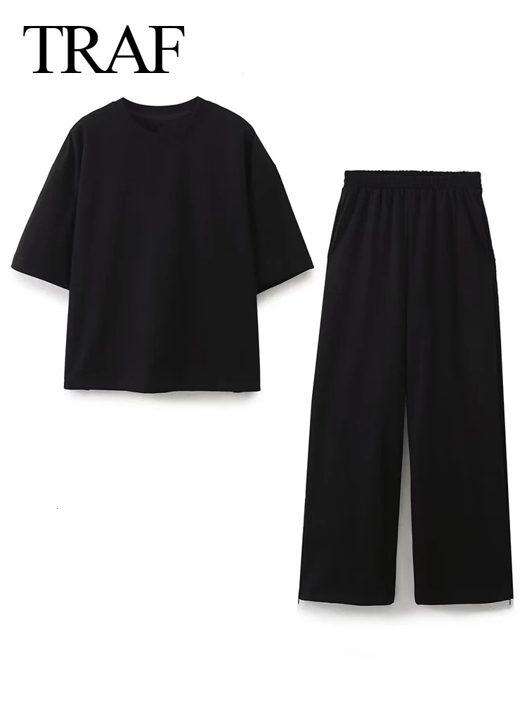 TRAF Womens Solid Casual T Shirts Pant Set Short Sleeves ONeck TShirt TopLaceup Loose Side Pockets Straight 250226