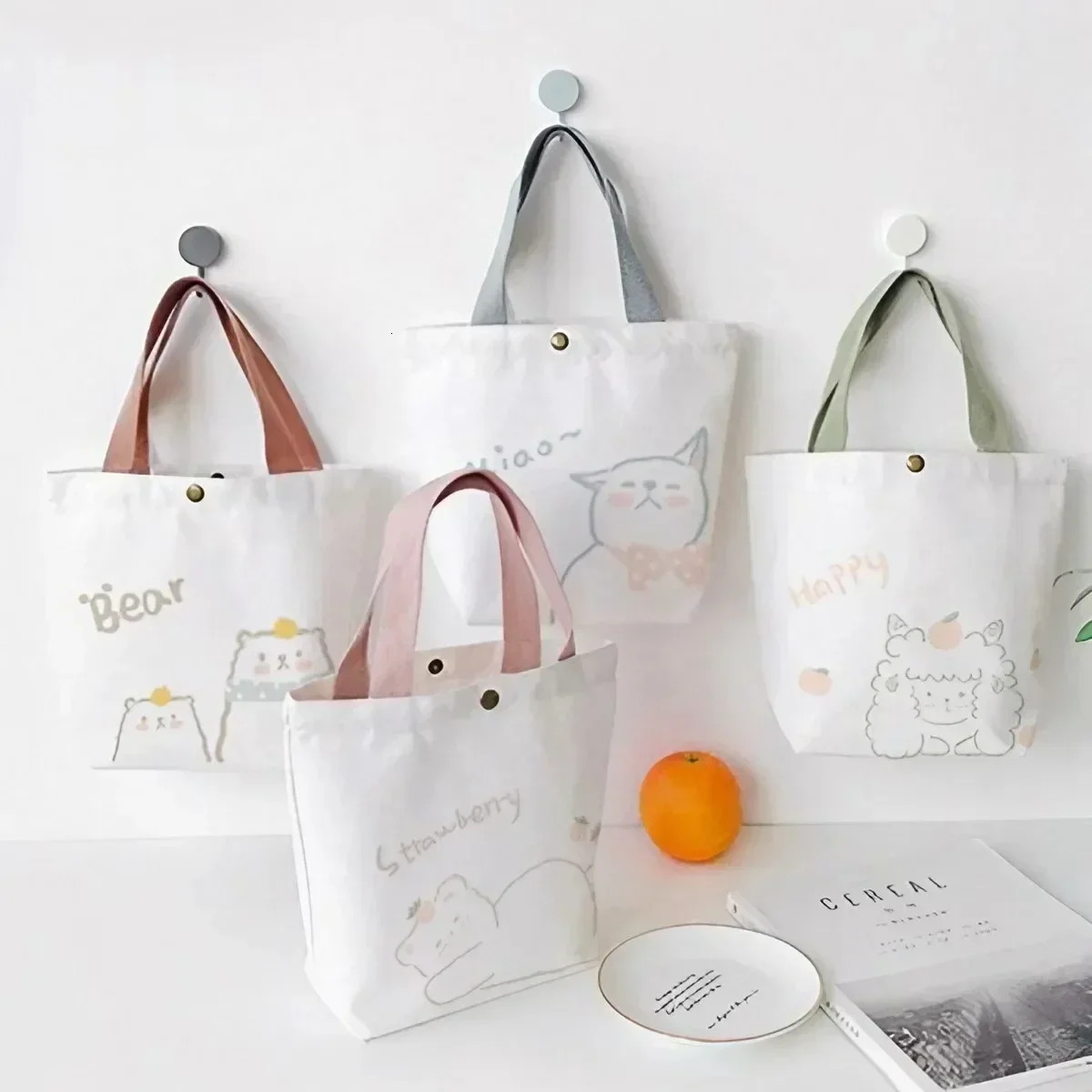 Ship from US KISIMIS Womens Mini Cotton Canvas Handbag Cute Bear Simple Shopping Bag Decorative Wallet Lunch 250227FBB