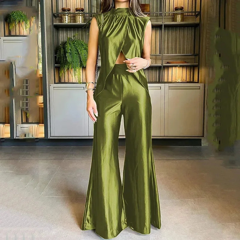 Womens wide leg pants set vest sleeveless top and cuff cross twopiece Y2k Midi waist Trouser 250226